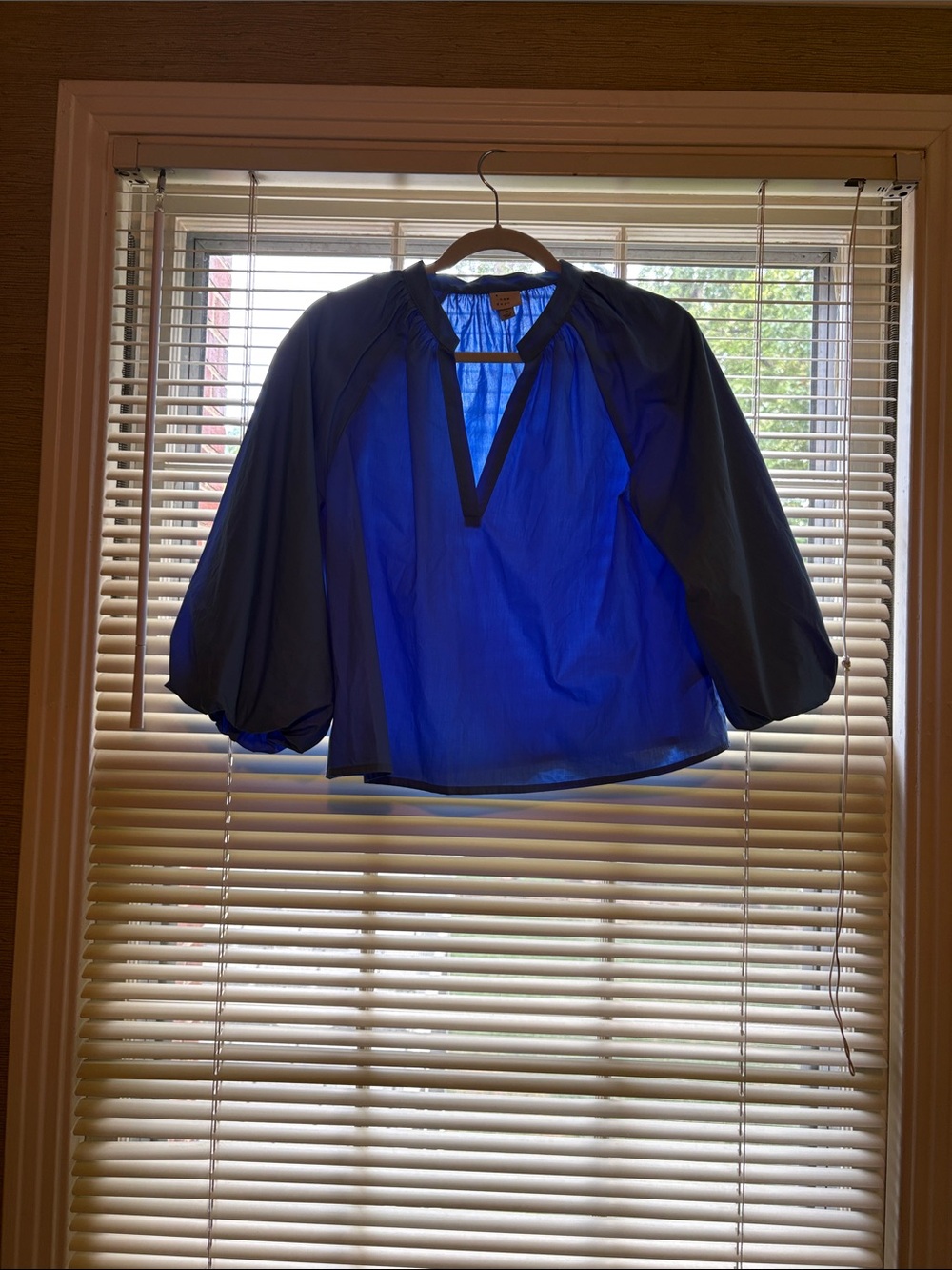 a new day Blue Balloon-Sleeve Peasant Blouse